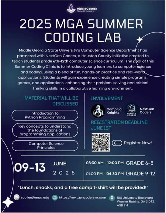 We are excited to invite middle and high school students to join the 2025 MGA Summer Coding Lab: Build, Create, Innovate, hosted by the MGA Computer Science Department RSO and NexGen Coders. 